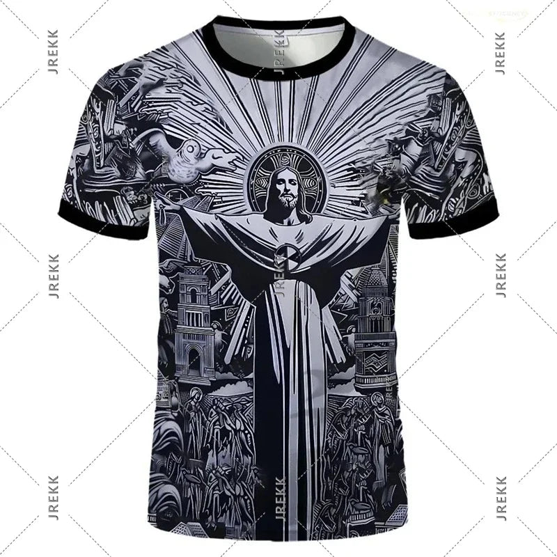 Statue of Jesus Football Jersey T-Shirt for Men Casual Street Short Sleeve Oversized T Shirts Summer Outdoor Sport Gym Tee Top