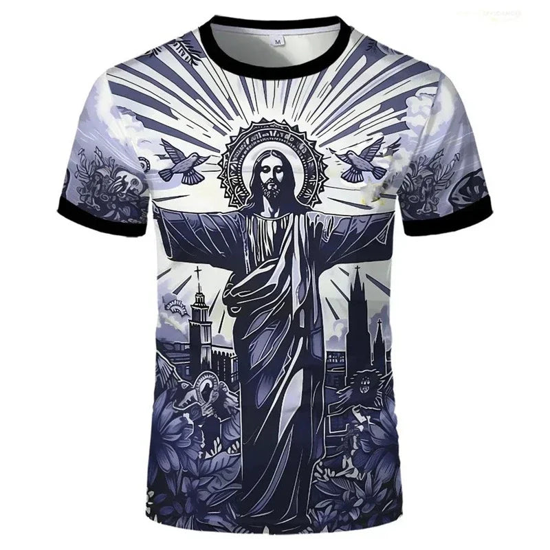Statue of Jesus Football Jersey T-Shirt for Men Casual Street Short Sleeve Oversized T Shirts Summer Outdoor Sport Gym Tee Top