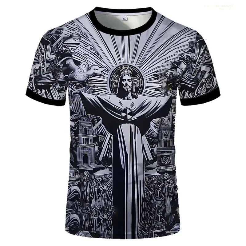 Statue of Jesus Football Jersey T-Shirt for Men Casual Street Short Sleeve Oversized T Shirts Summer Outdoor Sport Gym Tee Top