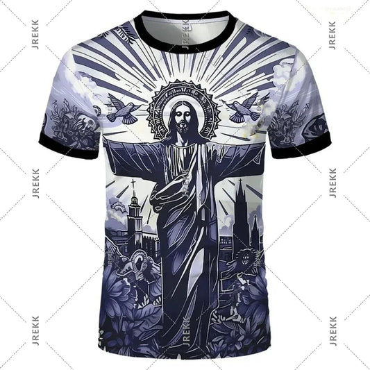 Statue of Jesus Football Jersey T-Shirt for Men Casual Street Short Sleeve Oversized T Shirts Summer Outdoor Sport Gym Tee Top